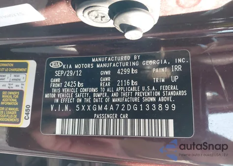 2013 Kia Optima Lx z USA, uszkodzony, nr VIN 5XXGM4A72DG133899